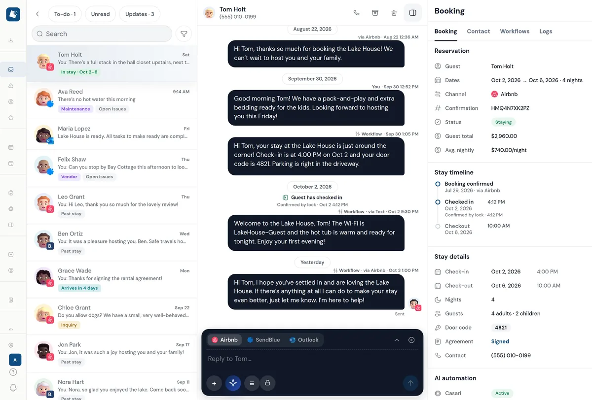 The Casari inbox: guest threads from every channel, a conversation, and the booking beside it